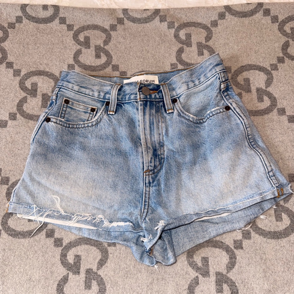 Denim Forum Light Blue Distressed High-Rise Jean Shorts